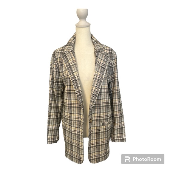 Ivory Multicolor Plaid Oversized Single Button Blazer by SO - Picture 4 of 10